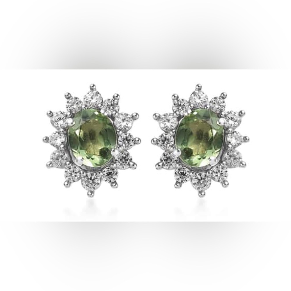 Tanzanian Green Apatite & White Zircon Ear Platinum Over Sterling Silver 1.20ctw